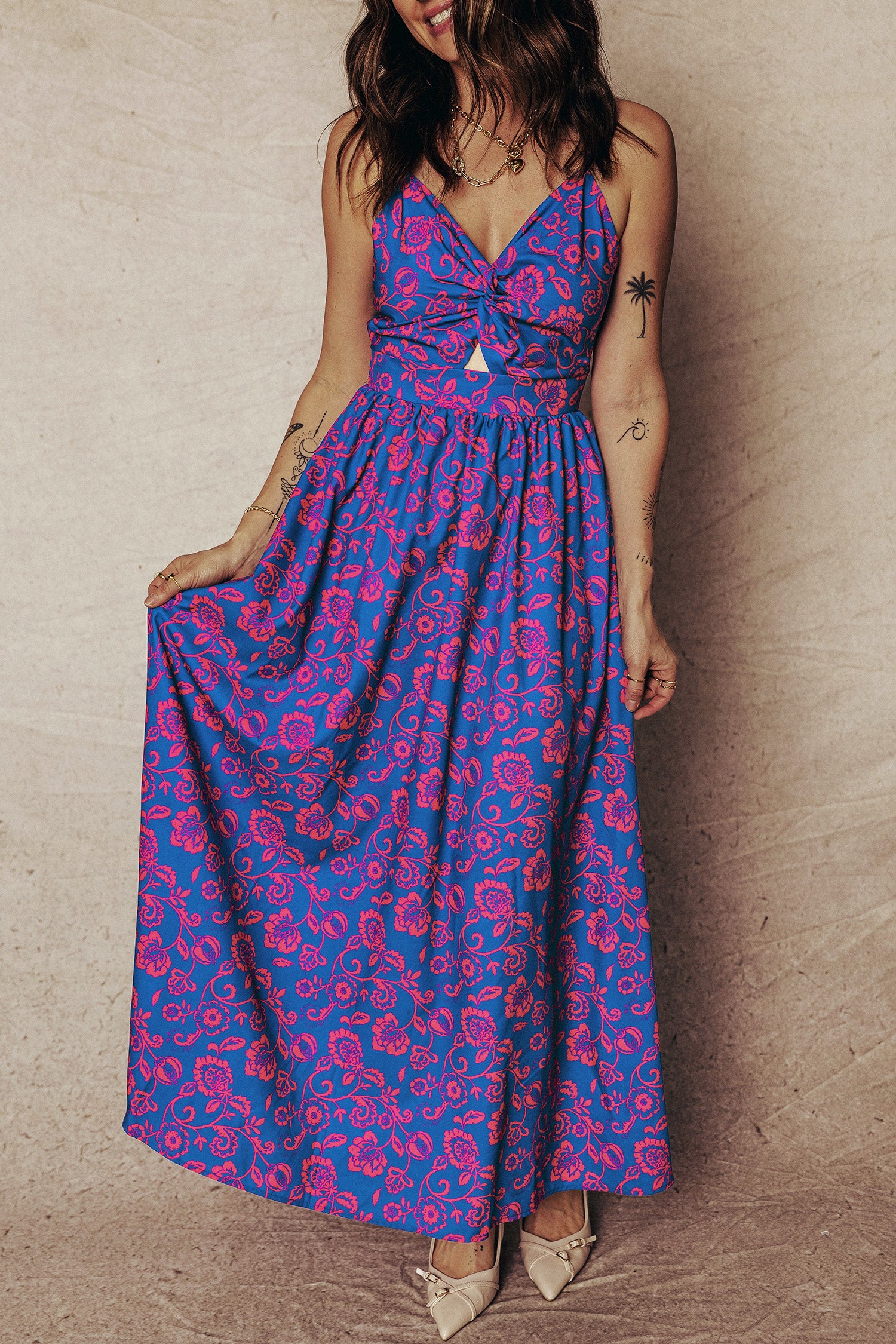 Blue Floral Print Twisted V Neck Tied Backless Maxi Dress c7848bde3c1b5f90