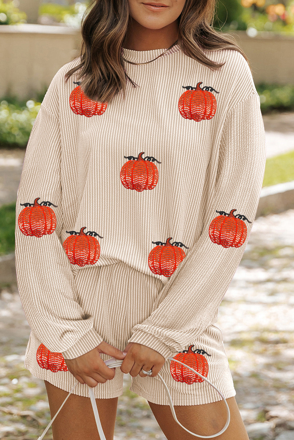 Parchment Twisted Rib Sequin Pumpkin Patched Long Sleeve Pullover and Shorts Set c78a42a009d24397