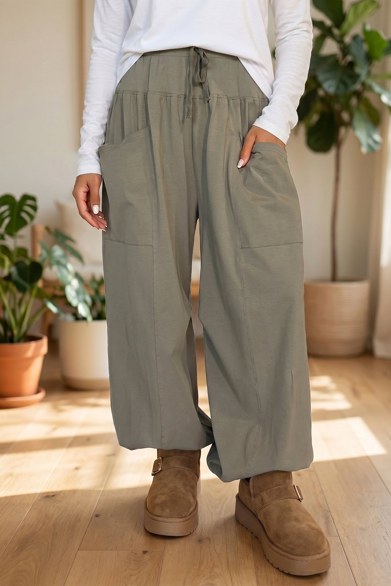 Seagrass Elastic Waist Drawstring Wide Leg Full Length Pants Seagrass 75%Polyester+20%Cotton+5%Elastane c78ddc47612d9dc3