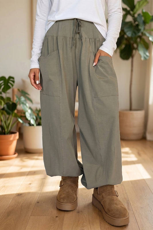 Seagrass Elastic Waist Drawstring Wide Leg Full Length Pants Seagrass 75%Polyester+20%Cotton+5%Elastane c78ddc47612d9dc3