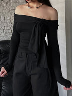 Off-Shoulder Tie-Front Long Sleeve Blouse Black c79019f8c86142cf8e6337cb85fdb310-Max