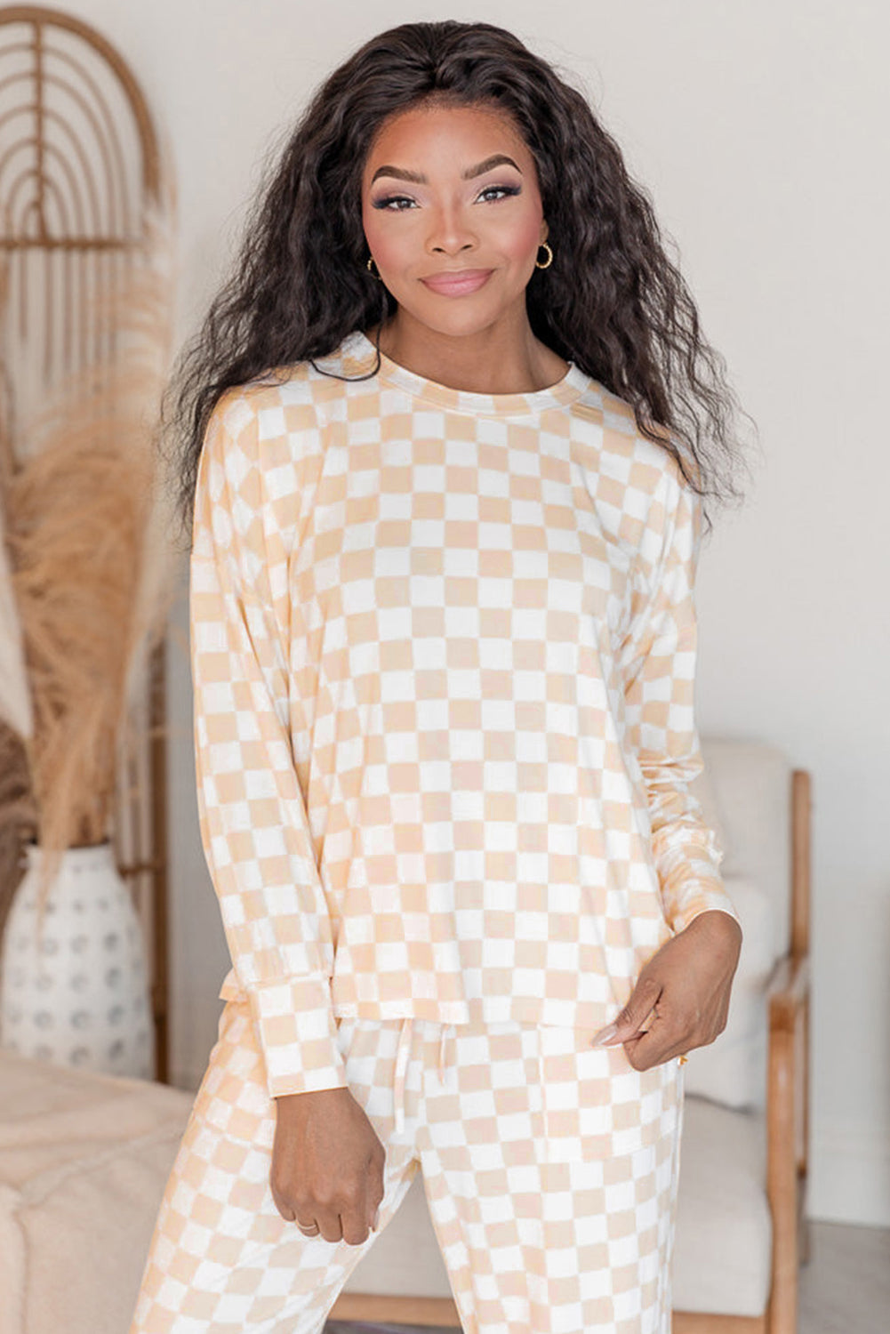 Beige Checkered Print Long Sleeve Loose Fit Pajama Set c7902acd073d4ffe