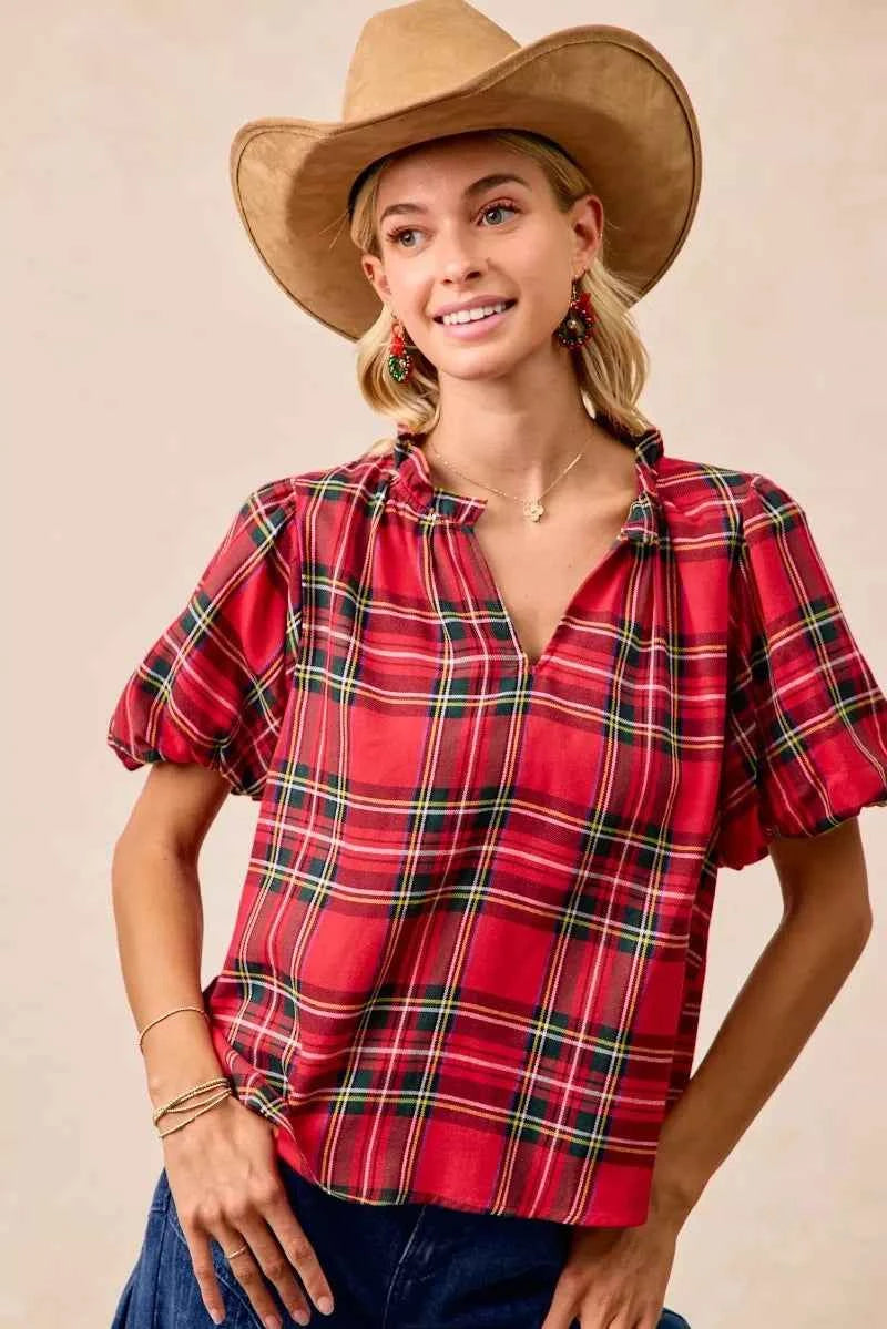 BiBi Christmas Plaid Short Sleeves Ruffled Blouse c79b6142df1846f7a01dde1f94fccf50-Max-Origin