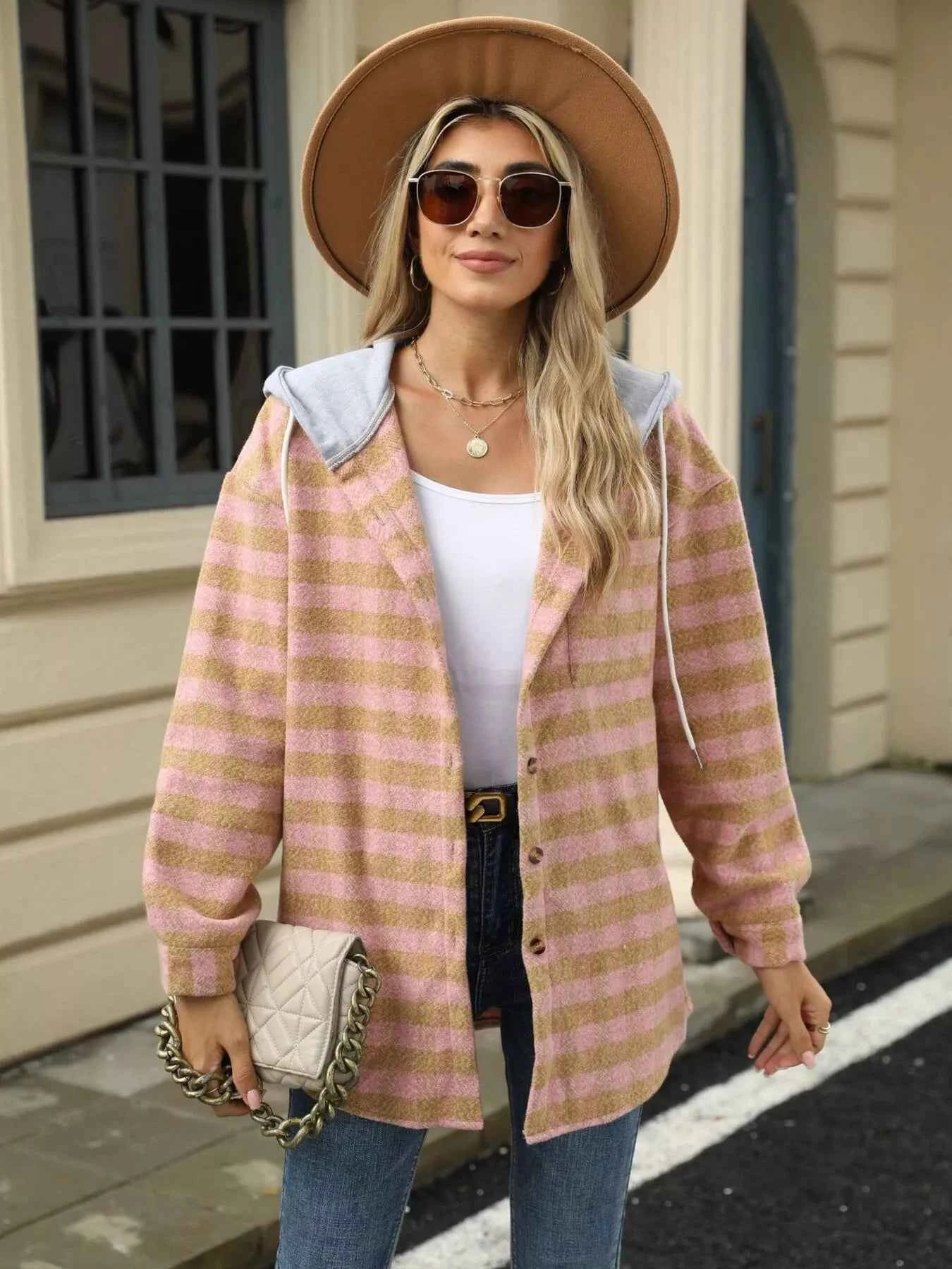 Plaid Button Up Long Sleeve Drawstring Hooded Jacket c79de967bb044c3cbc2f1e518acf6308-Max-Origin