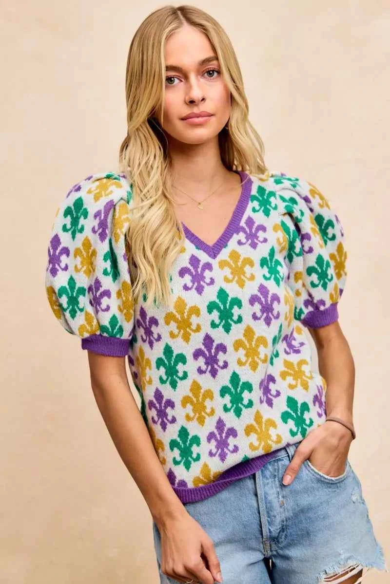 BiBi Mardi Gras Fleur De Lis Patterned V Neck Knit Top IVORY c7a4eb359c844503a1d1b866acb28c97-Max-Origin