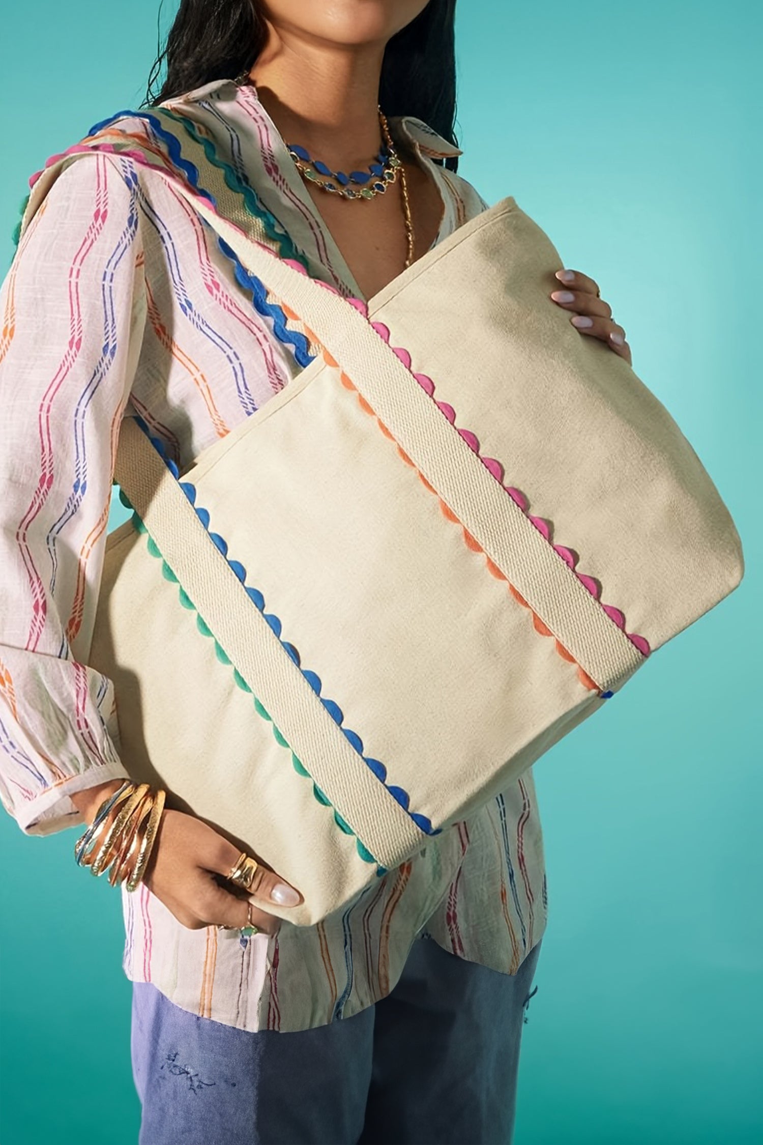 White Colorful Ricrac Detail Canvas Tote Bag White ONE SIZE 100%Polyester c7a95b0b5ee3ced2