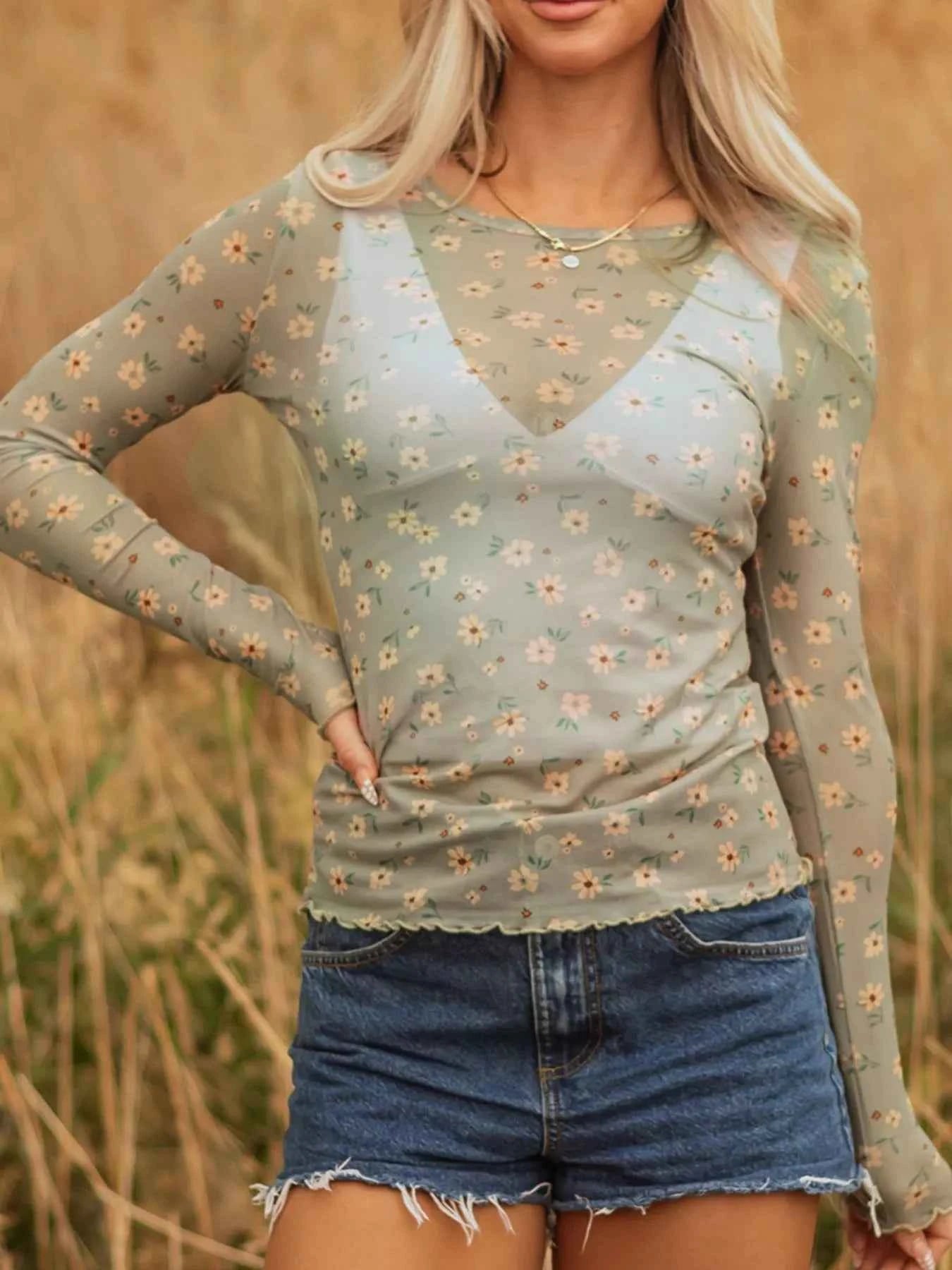 Floral Print Mesh Long Sleeve Top Sage c7ade403-4894-4d94-aa70-bb0bf9ae4ae8-Max-Origin