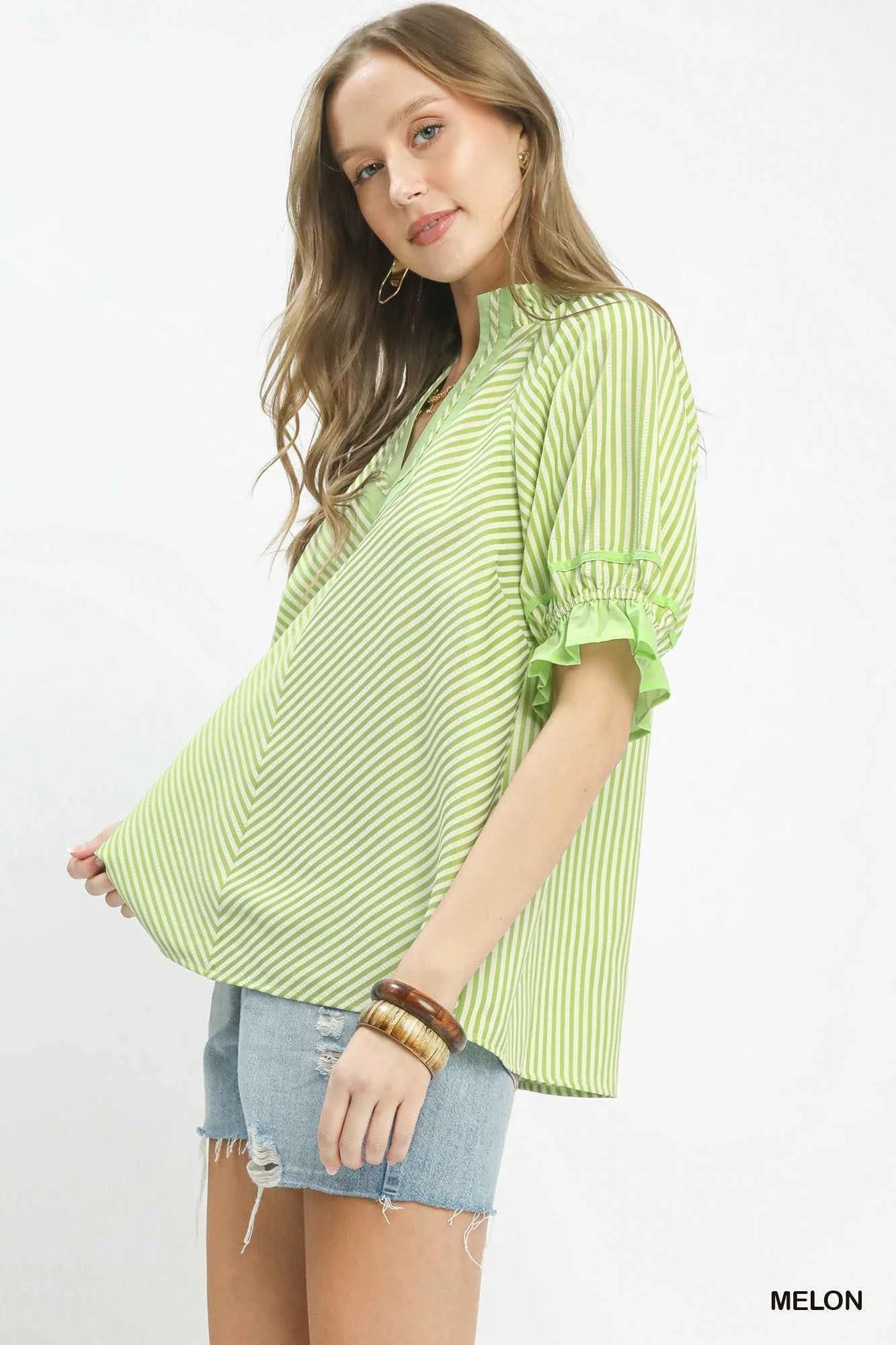 Umgee Stripe Ruffle Sleeve Split-Neck Blouse c7af3c8a-5350-4b23-aefd-79104f89f4e1-Max