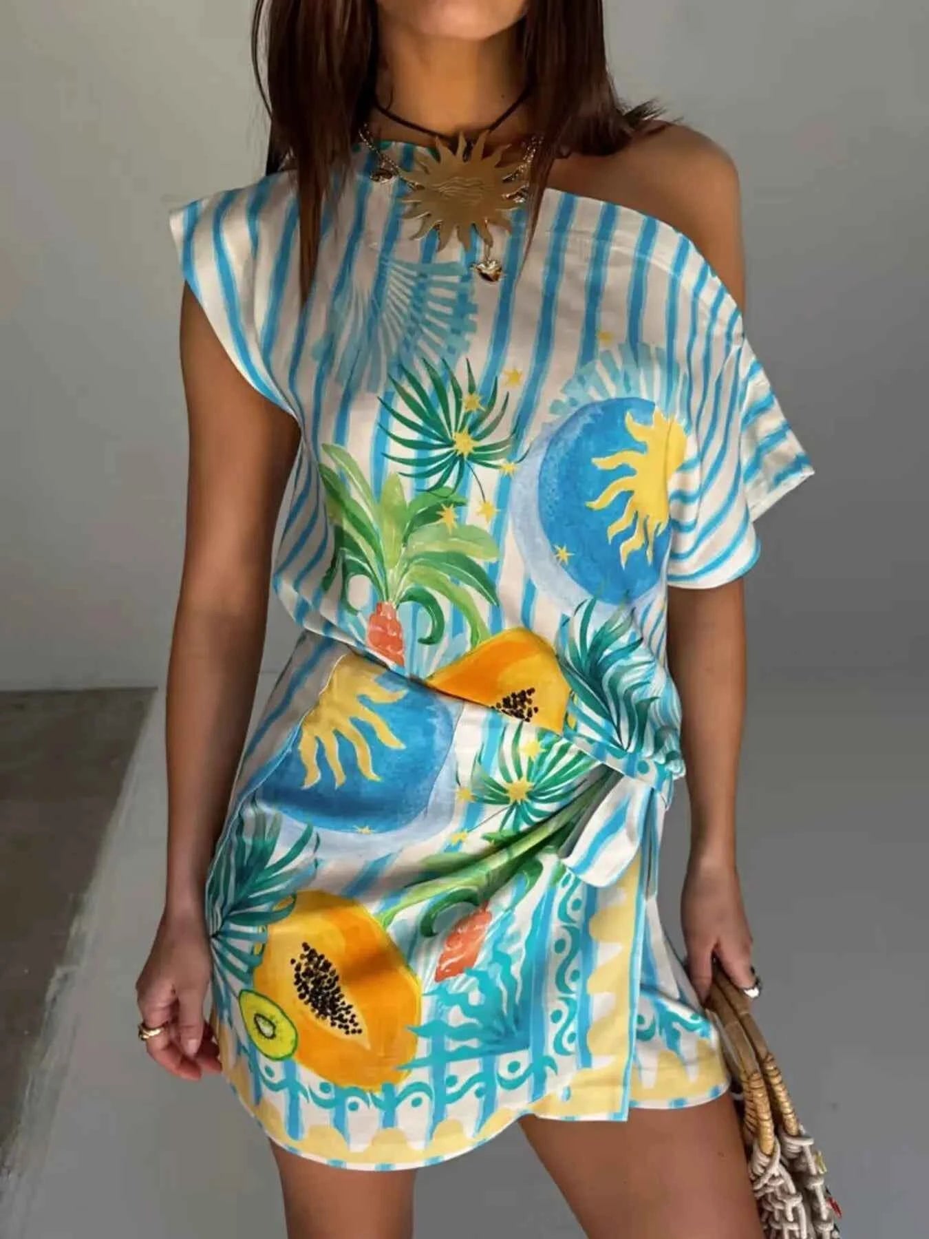 Printed Striped Single Shoulder Top and Skirt Set Multicolor c7b573225c28418bae678a1f9f5338b9-Max-Origin