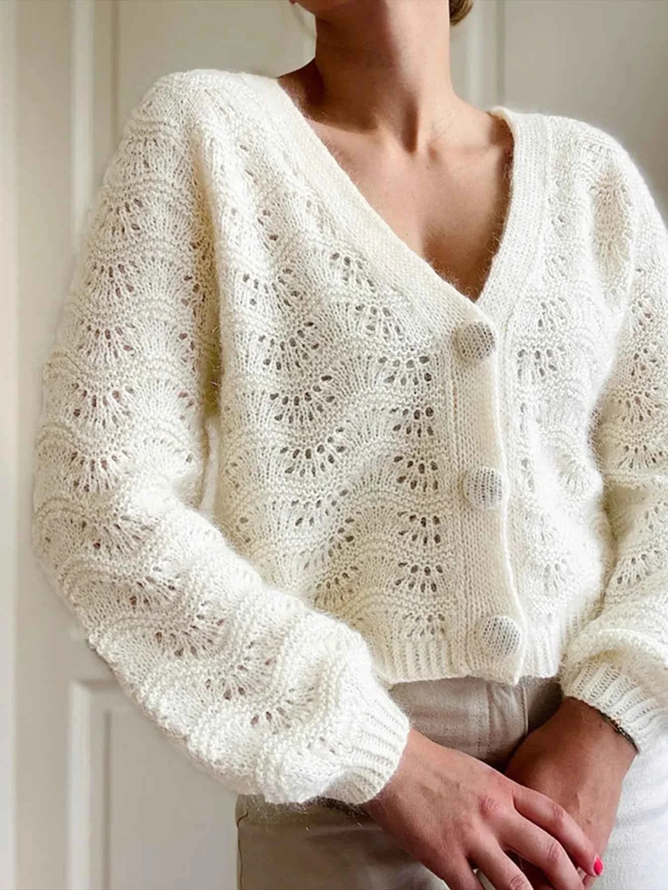 Openwork V-Neck Button Down Cardigan c7b8fb08-40fc-40dd-867d-f33a03c8183e-Max-Origin
