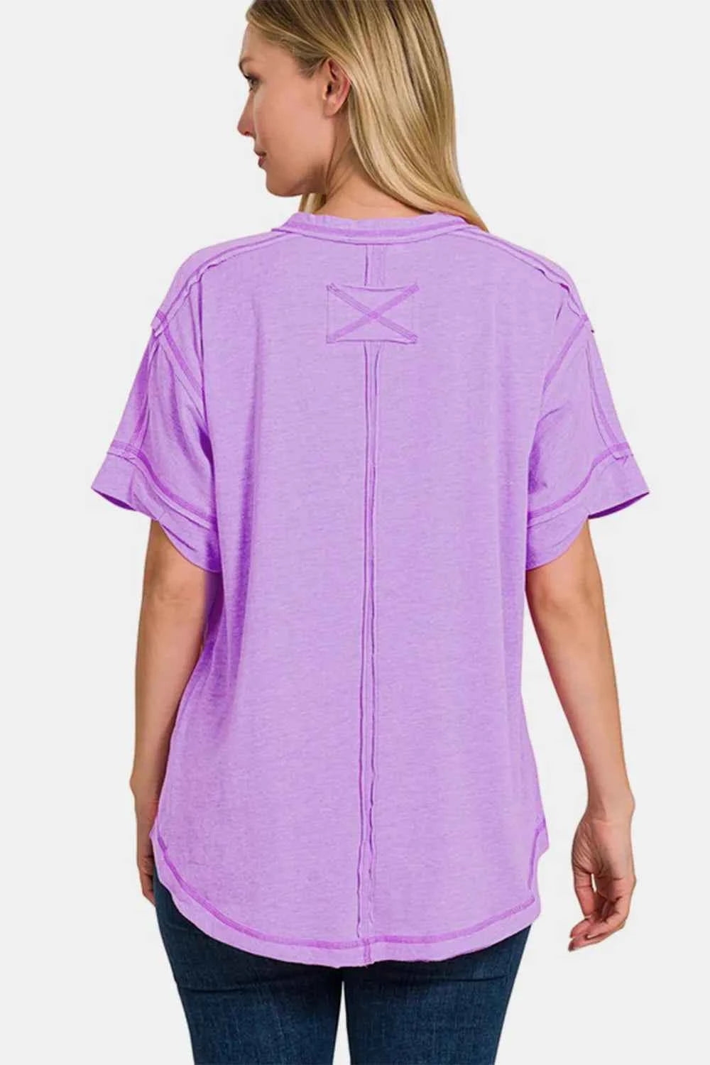 Zenana Exposed Seam Half Button Short Sleeve Top c7bae400-2e86-4eed-b1d1-97a1816358af-Max