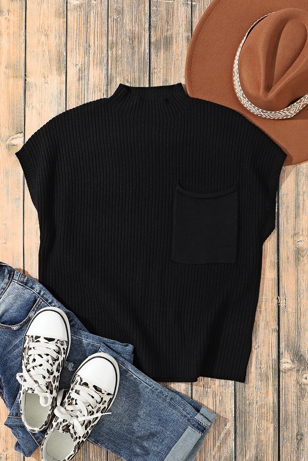 Green Patch Pocket Ribbed Knit Short Sleeve Sweater c7bda582b44b11a6