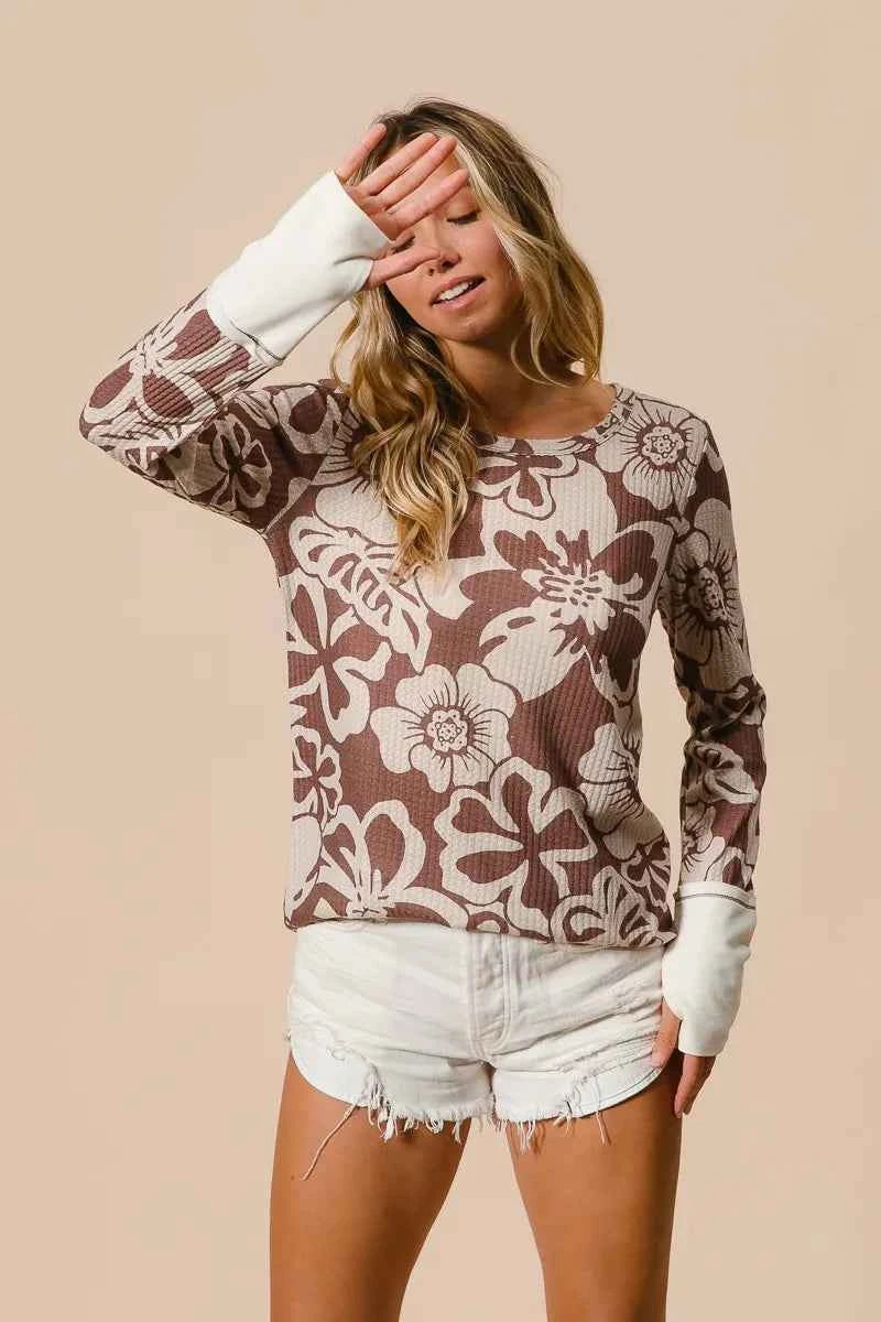 BiBi Flower Printed Waffle Thumb Opening Top c7c0b5fa0cb74c9b96afe1721bf9e93c-Max-Origin