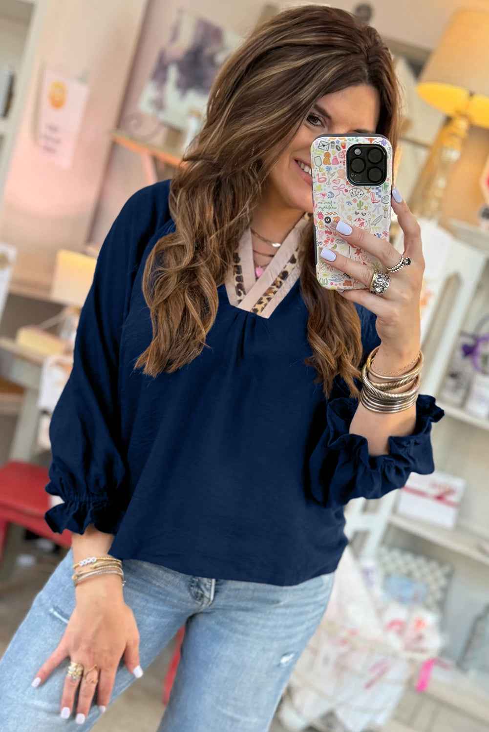 Dirty blue Leopard Trim V Neck Flounced Bracelet Sleeve Blouse c7cb32de00c318be