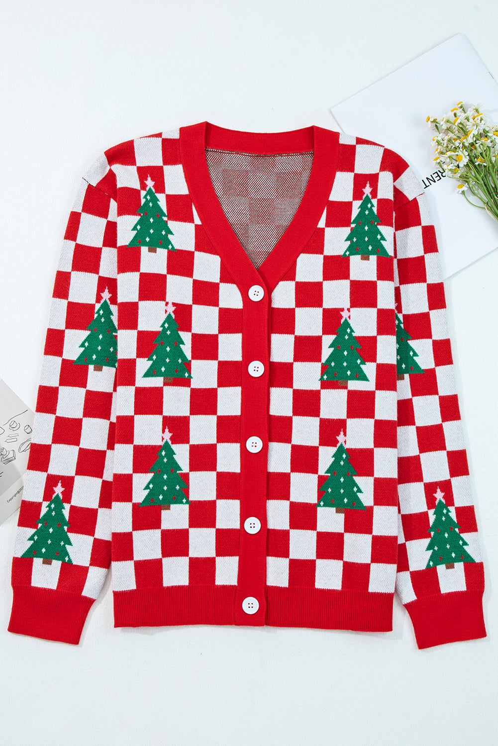 Red Checkered Christmas Tree Pattern Button V Neck Knit Cardigan c7ce8bc7a06da2b8