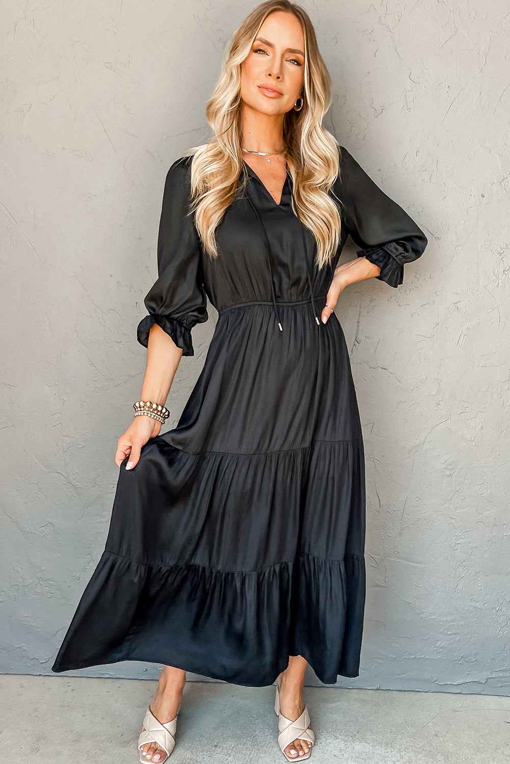 Black Flounced Bracelet Sleeve V Neck Tiered Maxi Dress c7cf97dc8626b611