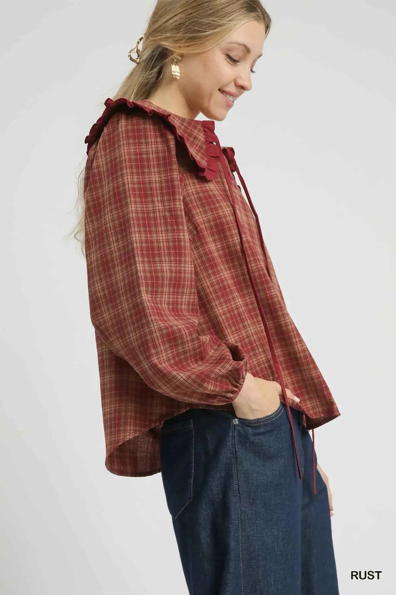 Umgee Full Size Plaid Ruffle Collar Blouse Plus Size c7d34829-ae02-4dac-9a86-c26c45fad9e9-Max-Origin