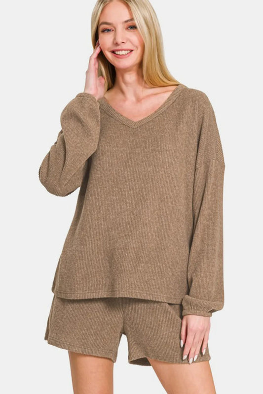 Zenana V-Neck Long Sleeve Ribbed Top and Shorts Set Camel c7d5320e-c89f-4cb5-a6dc-b771874c550b-Max