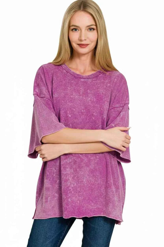 Zenana French Terry Washed Drop Shoulder Short Sleeve Top c7d8db63-a449-4ab3-968d-76c6fac4d901-Max-Origin