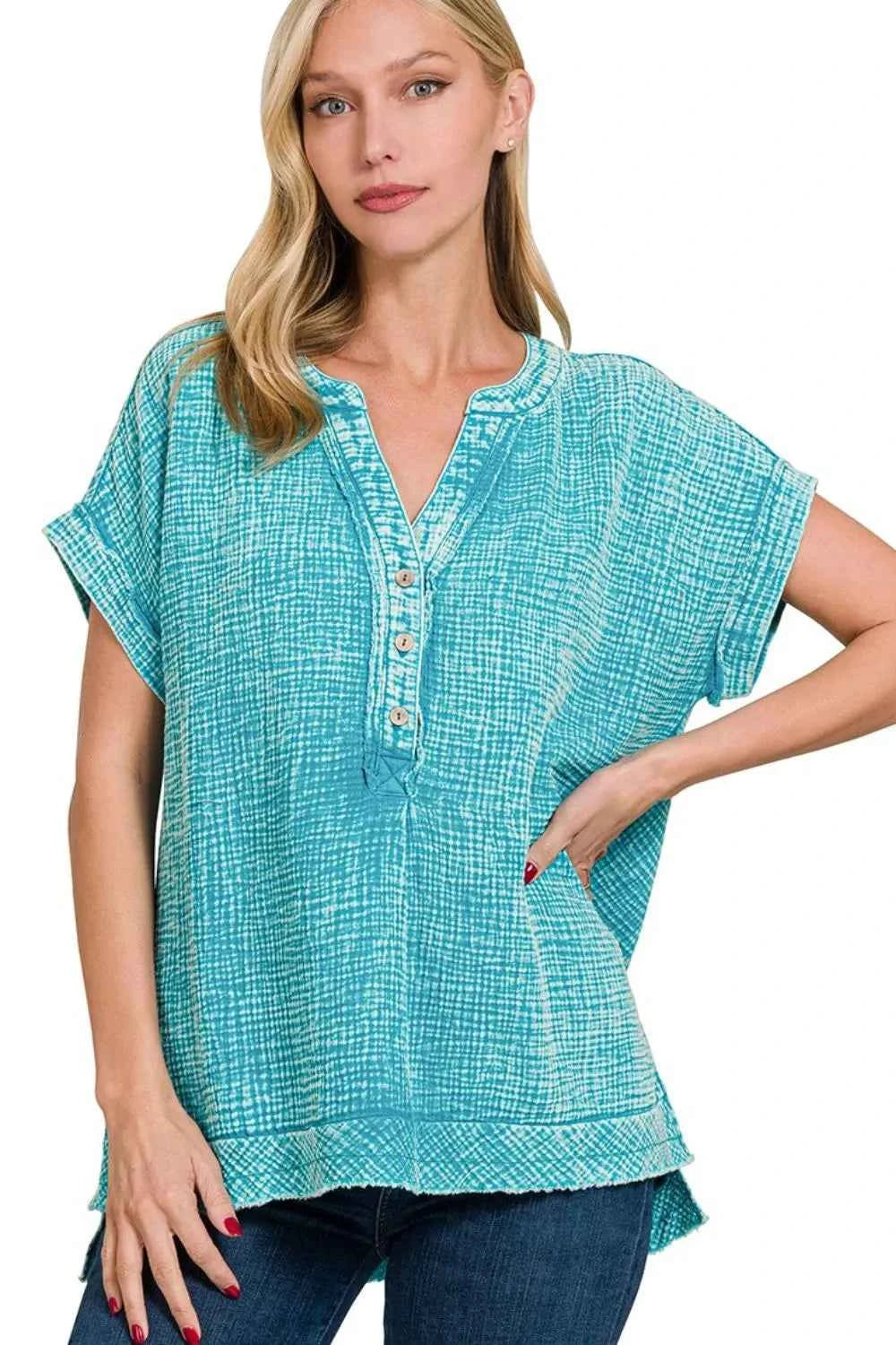 Zenana Washed Double Gauze 3/4 Button Henley Neck Shirt LT TEAL c7d90bcb-849f-4bac-a555-b5f8fd2b11ce-Max-Origin