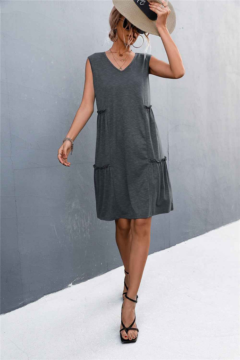 V-Neck Frill Trim Sleeveless Dress c7daea3050e24f7b9f1d74e30ee32d0e-Max