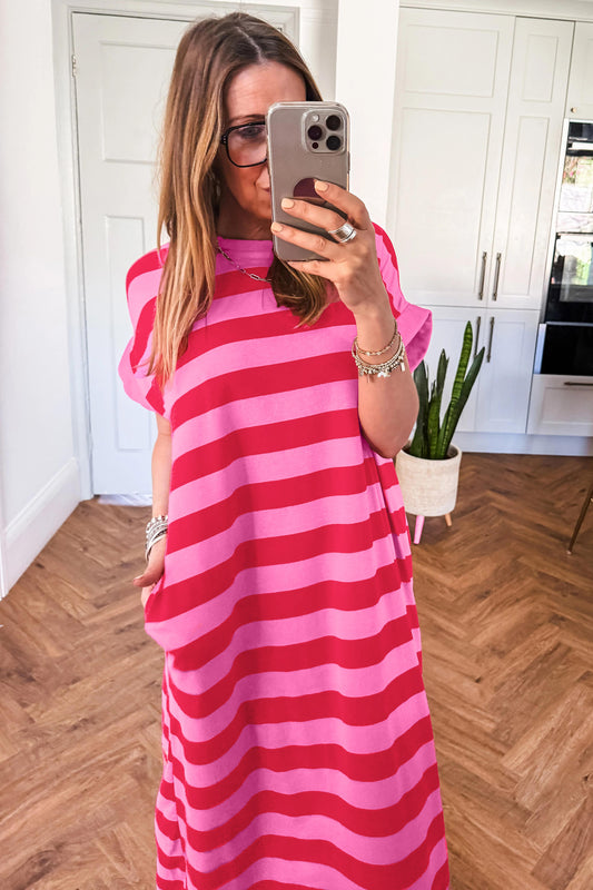 Rose Stripe Cuffed Short Sleeve Pocketed Casual T Shirt Long Dress c7dc0a20e0a8c881