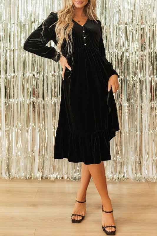 Olivia Velvet Buttoned Puff Sleeve V Neck Split Mi c7dc53fd-69d1-42fc-8f3a-52424f9df0b0