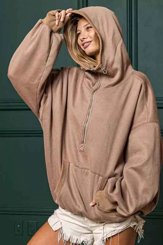 BiBi Stitch Detailed Elastic Hem Half Zip Fleece Hoodie c7dee5c5-69ab-4bb5-815e-8a56f24adb02-Max-Origin