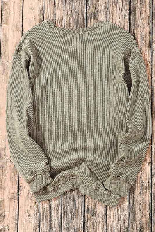 Solid Ribbed Knit Round Neck Pullover Sweatshirt c7e0e490-d144-4edd-b69b-a24461dd8f1c