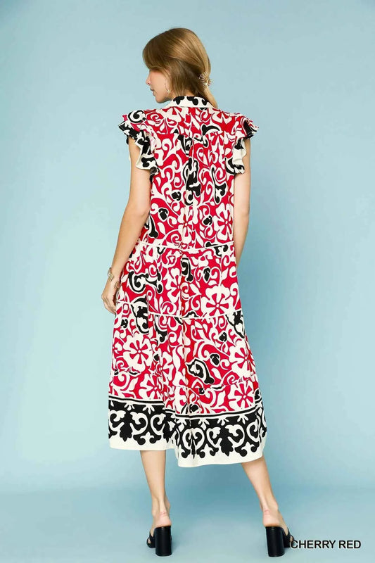 Printed Ruffled Cap Sleeve Midi Dress c7e2b8ab-91a9-48a8-975c-f8015b28a562-Max-Origin
