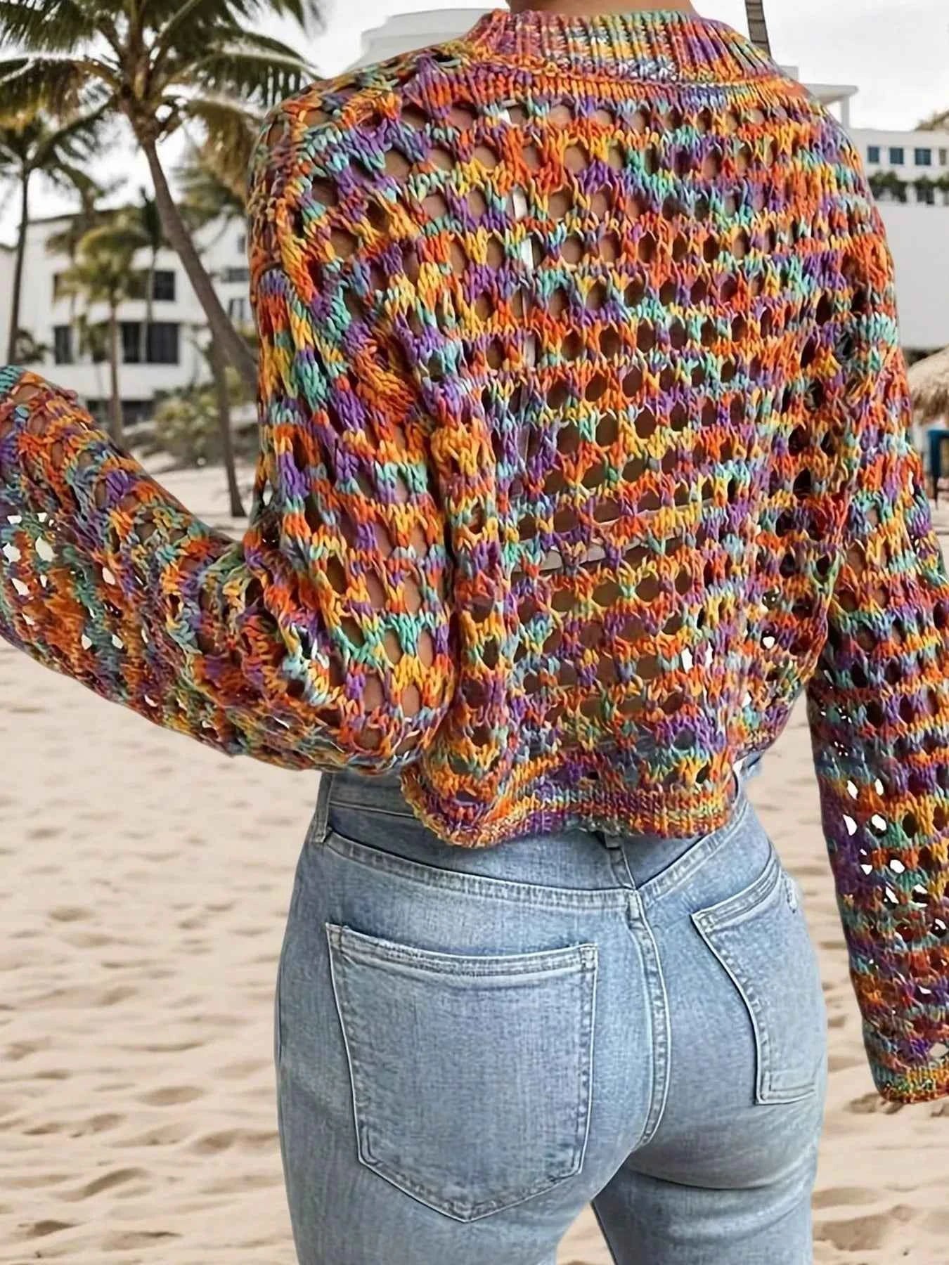 Rainbow Crochet Hollow Out Cropped Sweater