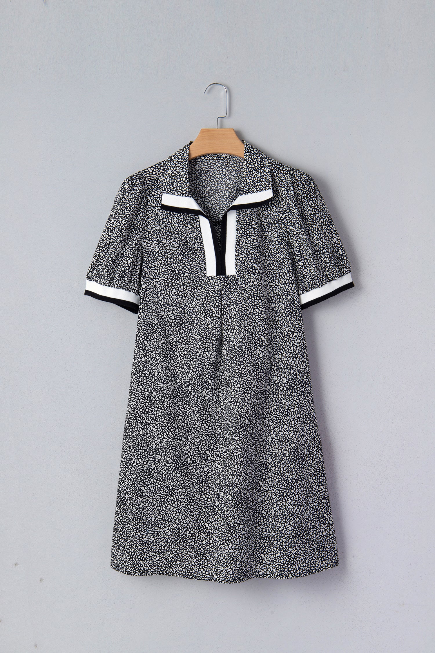 Black Leopard Print Contrast Striped Trim Polo Collar Short Sleeve Dress with Pockets c7e449024a21f205
