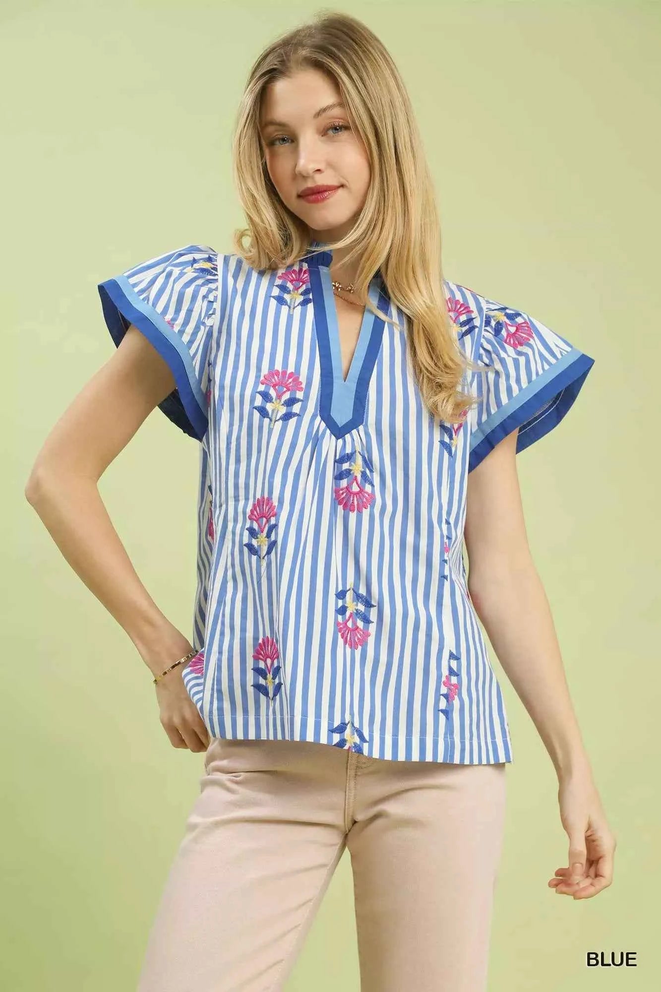 Umgee Embroidered Striped Flutter Sleeve Top BLUE c7e7382e-d111-497d-b048-9b5ec1fb76b9-Max-Origin