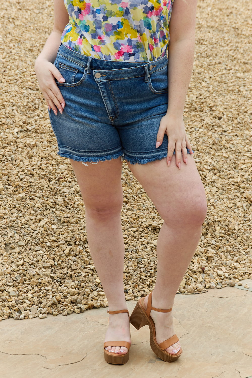 Maya Full Size Mid Rise Asymmetrical Shorts Medium c7eec47ba7db4e559504777596b50ba5-Max