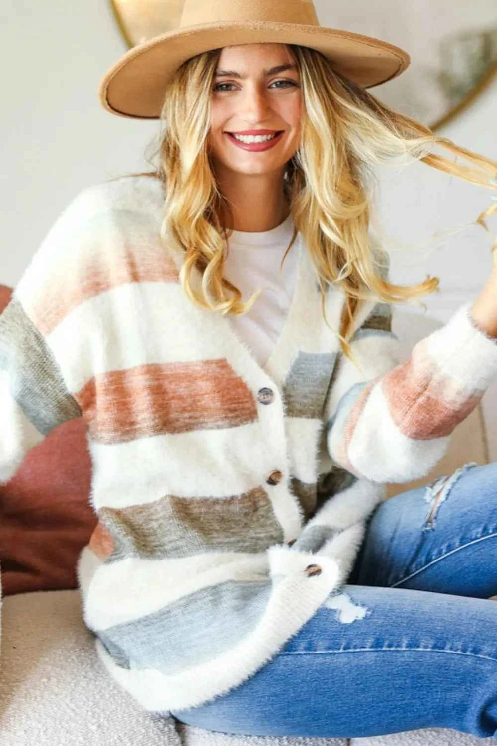 Haptics Full Size Button Down Stripe Soft Fuzzy Sweater Cardigan c7f3f58b-a382-451b-b8bf-986dfc7819fa-Max