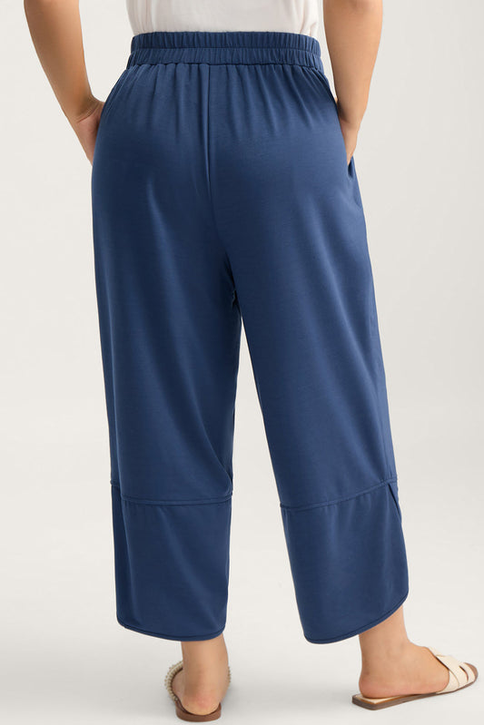 Sail Blue Plus Size Elastic Waist Asymmetrical Hem Loose Capris Pants c7f6e169289cabc6