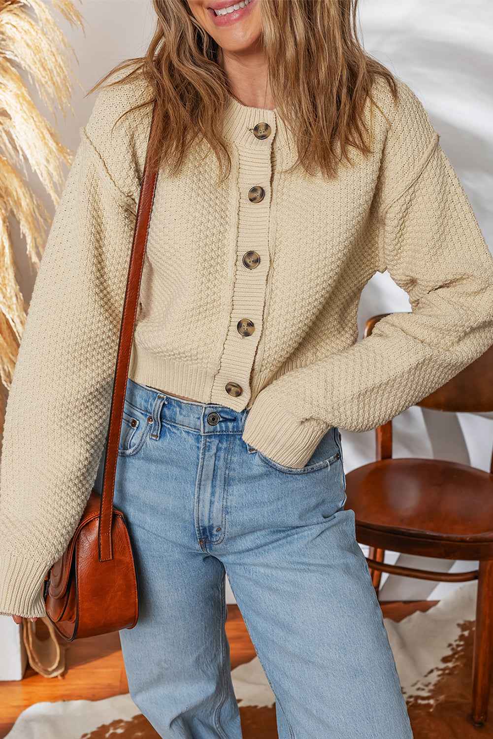 Beige Button Front Cropped Cardigan Sweater Beige 100%Cotton c7f831f58bd7225a