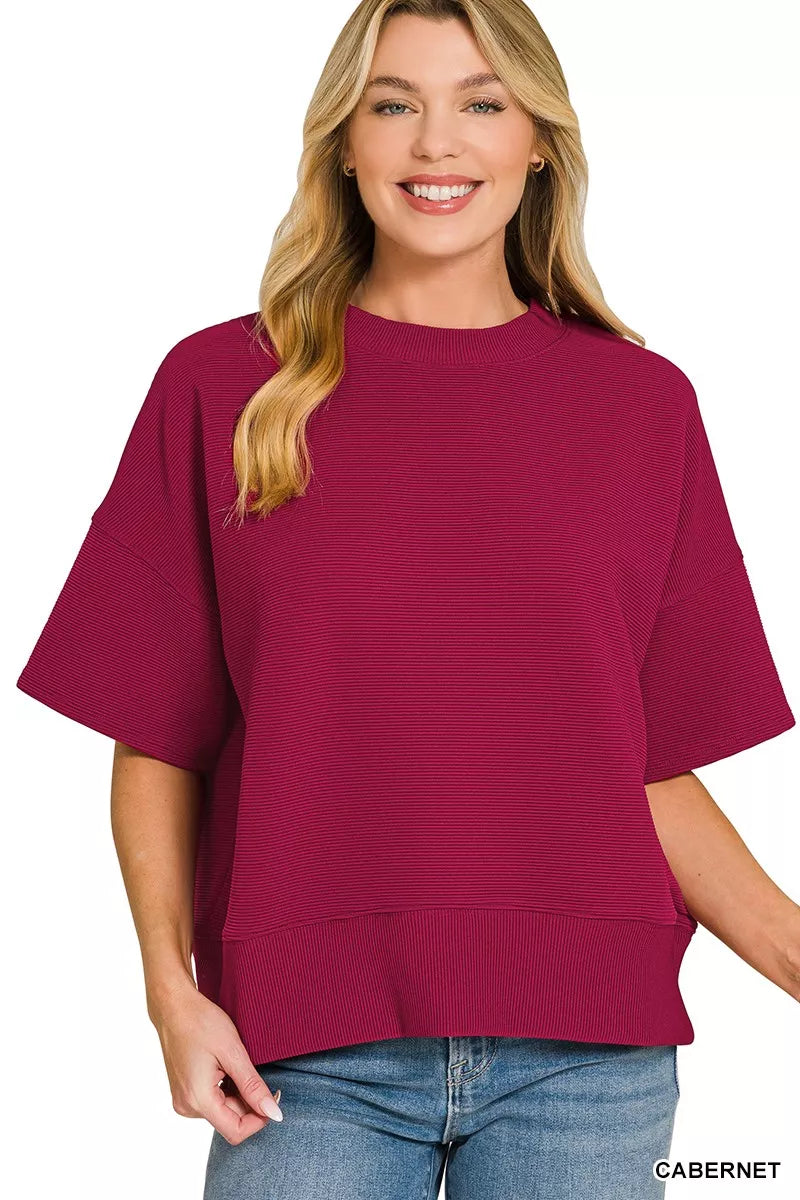 Zenana Ribbed Round Neck Waist Banded T-Shirt CABERNET c7f8f5dd43474e77889edf03f0e55eda-Max-Origin