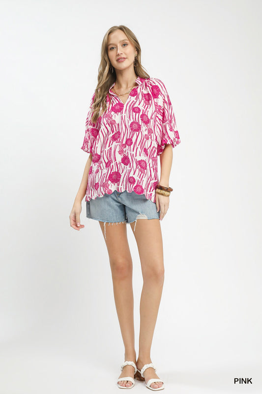 Floral Scalloped Edge Puff Sleeve Blouse with High-Low Curved Hem c7fb6cfe-1fbb-4998-9725-38be0fc4329a-Max