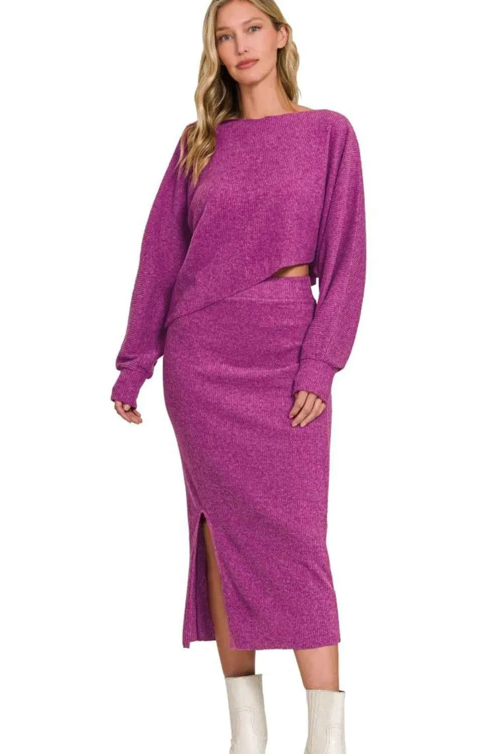 Zenana Ribbed Asymmetric Hem and Sleeve Top & Skirt Set c7fea438-2da2-4035-8a62-0633fd59ac0c-Max-Origin