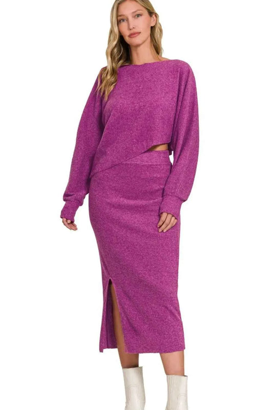 Zenana Ribbed Asymmetric Hem and Sleeve Top & Skirt Set c7fea438-2da2-4035-8a62-0633fd59ac0c-Max-Origin