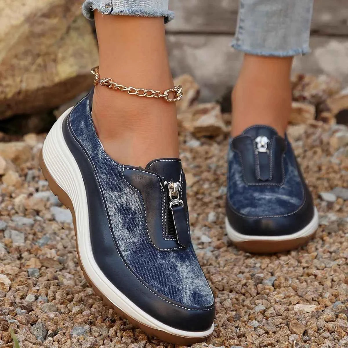 Round Toe Platform Wedge Sneakers with Zip Blue c7febbedb63f4dbb964ac0415bc500c2-Max-Origin