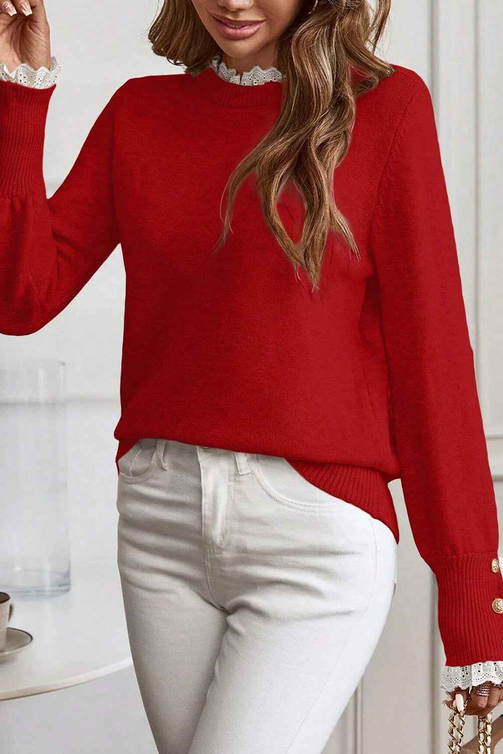 Racing Red Lace Trim Patchwork Buttoned Cuffs Loose Sweater c805f33927378d09