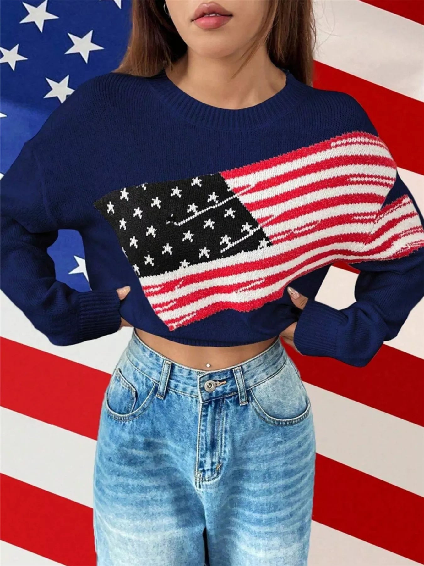 US Flag Round Neck Long Sleeve Sweater c80ff766794041cea3029a7fb09d0f6d-Max-Origin