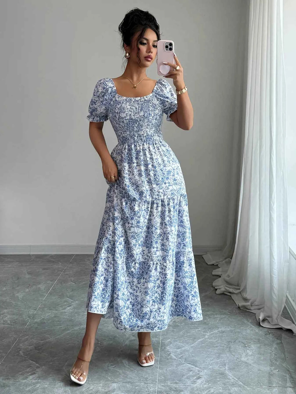 Smocked Printed Short Sleeve Dress c811968c-d283-44ca-b3c2-25ddf22f327c-Max-Origin