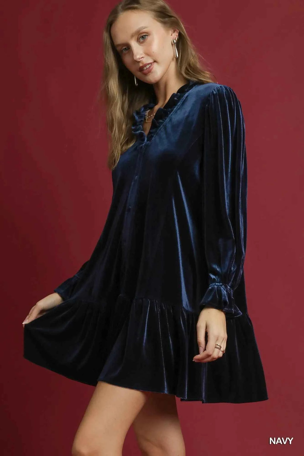 Umgee Velvet Ruffle Trim Mini Dress c812124a-9259-46ee-ac21-dad61b4c85db-Max-Origin