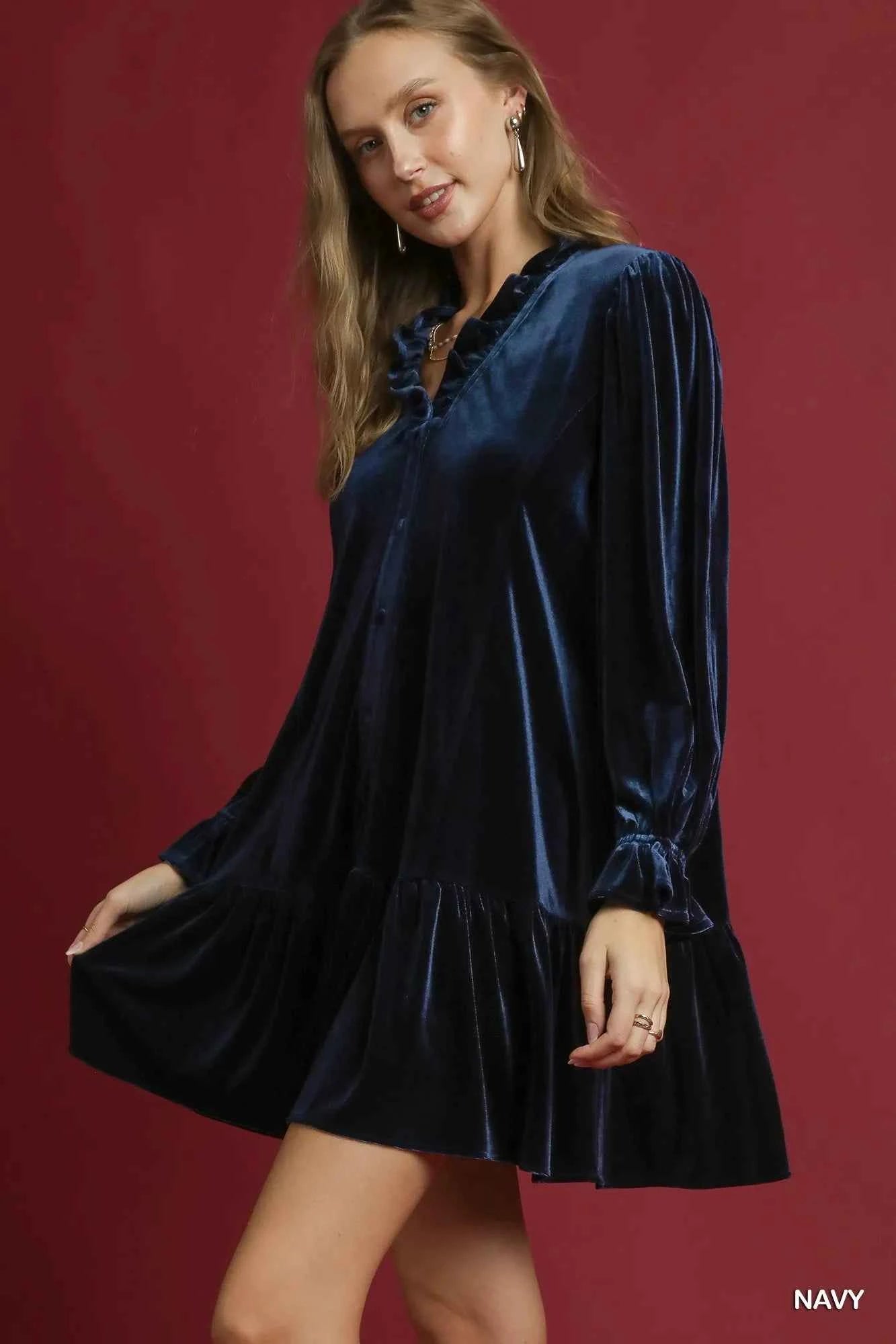 Umgee Velvet Ruffle Trim Mini Dress c812124a-9259-46ee-ac21-dad61b4c85db-Max-Origin