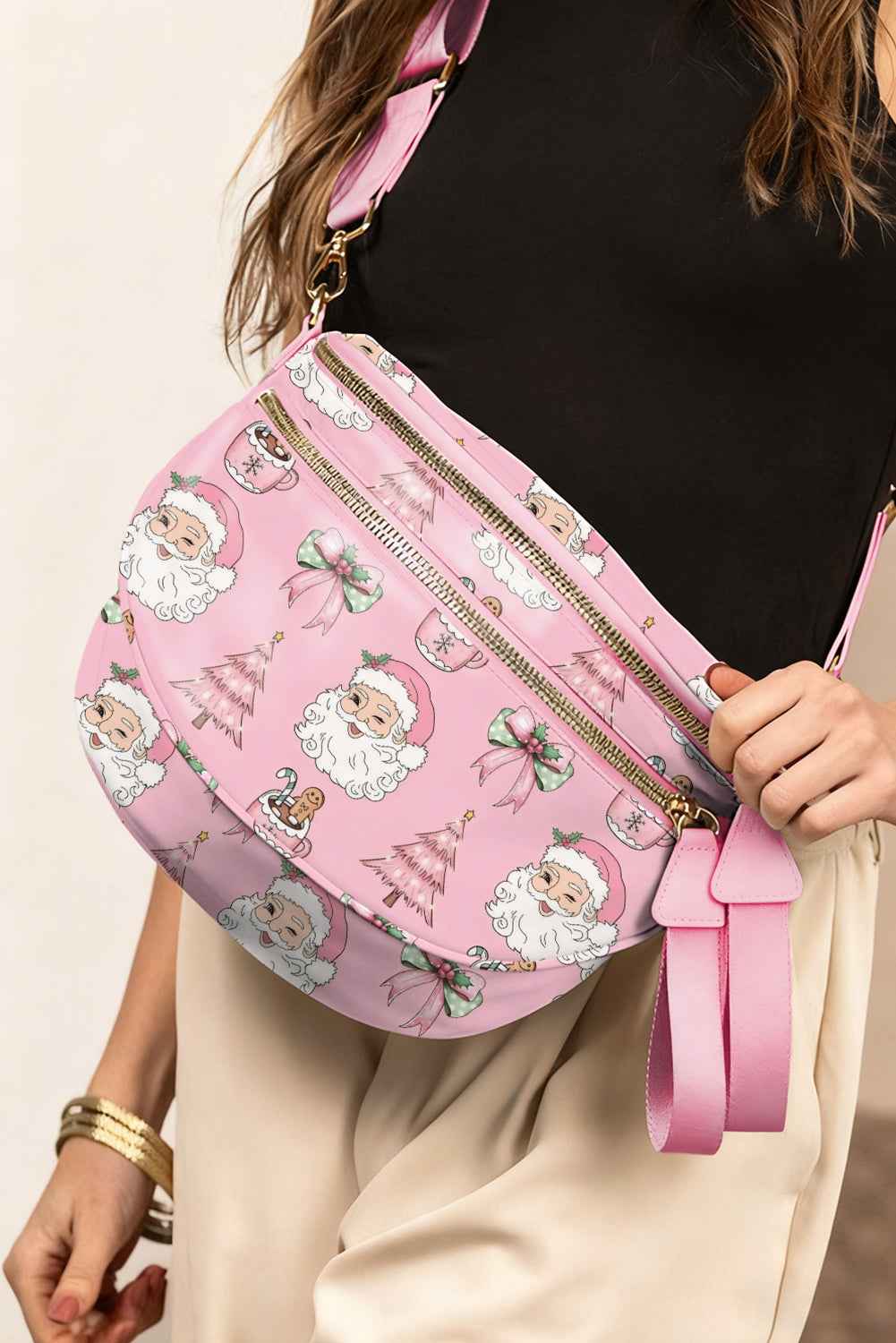 Pink Christmas Graphic Double Zip Crossbody Bag c81373dc576b2986