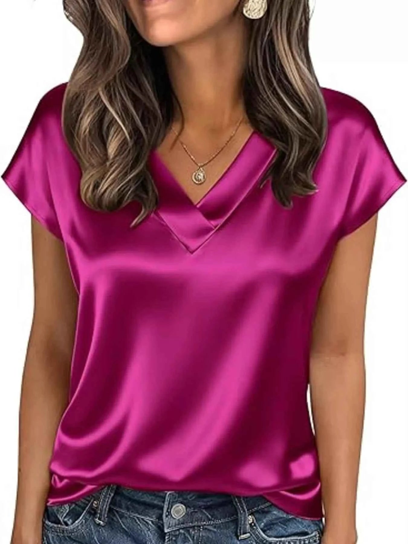 Satin V-Neck Short Sleeve Blouse Rose Red c8144464a9af4d67953410a91824aeb7-Max-Origin
