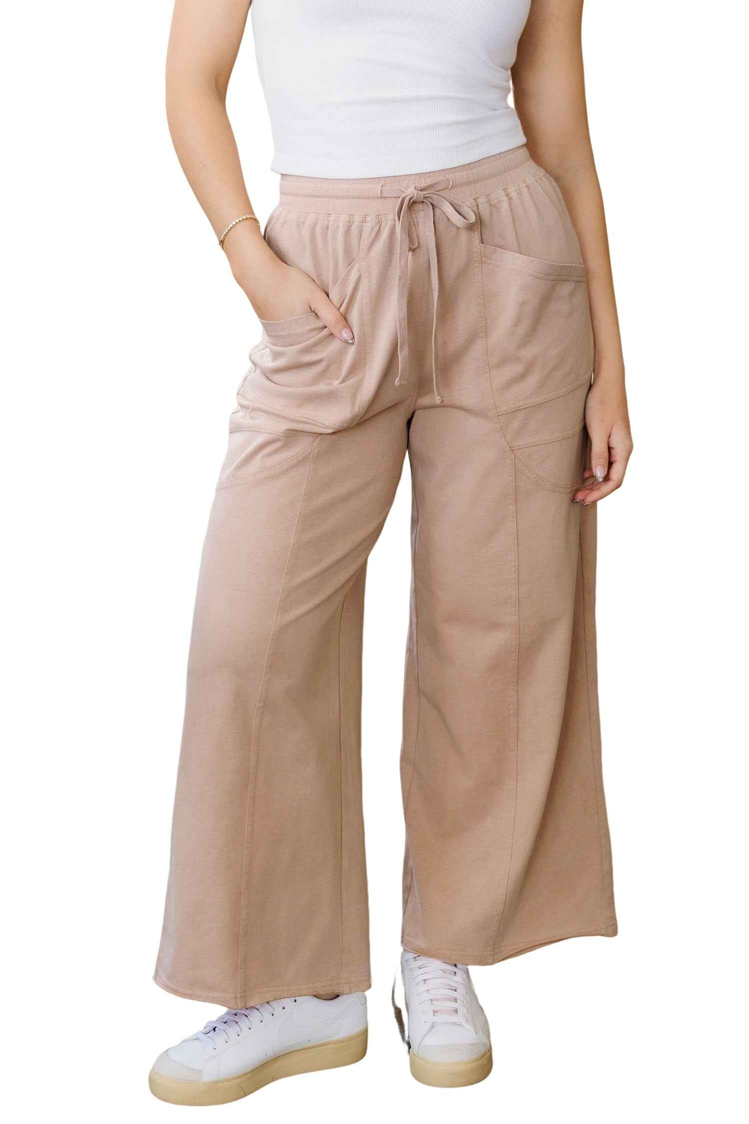 Smoke Gray Solid Color Mineral Wash Piping Trim Pocketed Wide Leg Pants c816f3b86206ea7d